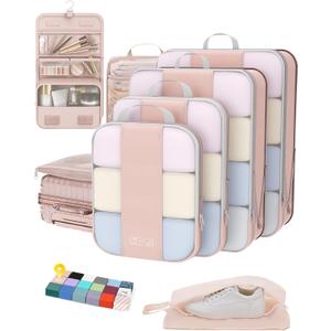 OlarHike 8 Set Compression Packing Cubes for Travel Gifts Mom Women,Luggage Clothes Organizer for Travelers,Airplane/Cruise/Car/Train Travel Essentials,Compressible Expandable Saver Space Bags(Beige)