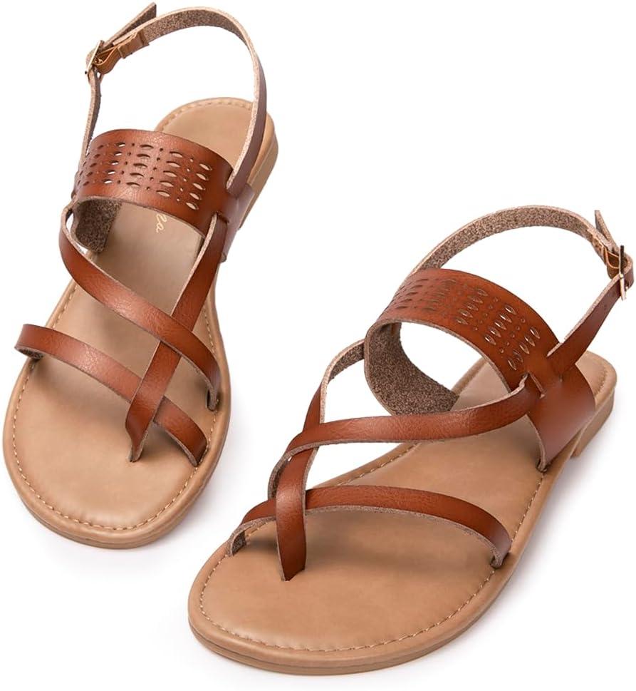 Luffymomo Womens Strappy Flat Sandals Leathe Gladiator Sandals Summer Casual Fisherman Thong (8, Brown)