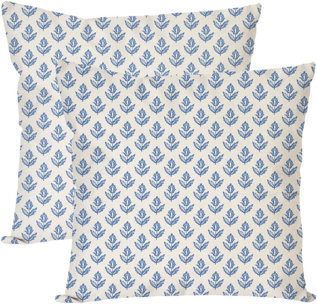 PANDICORN Block Print Throw Pillow Covers 20x20 Inch Set of 2 Vintage Blue Floral Boho Outdoor Spring Farmhouse Decorations Decorative Throw Pillows Cases for Home Bed Living Room Couch Dcor