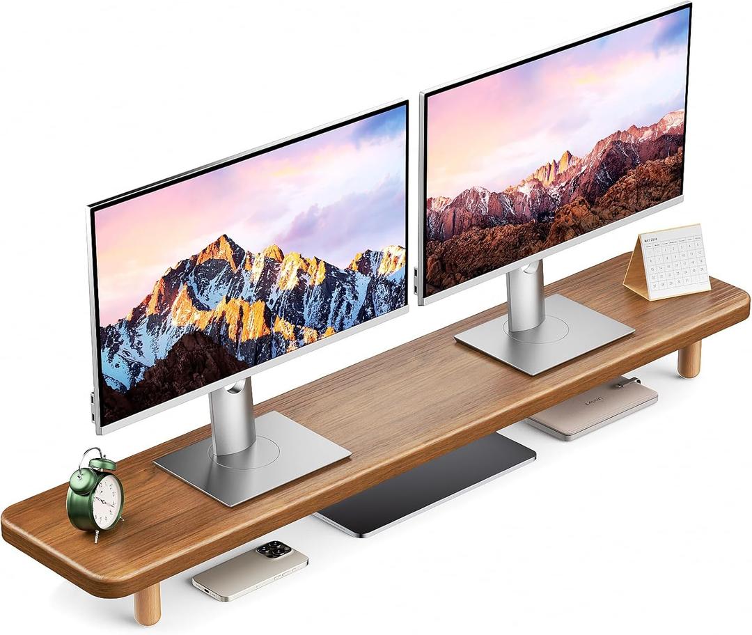 Dual Monitor Stand - 39Inch Large Wood Monitor Stand Riser, Holds 200lbs Ultra Strong Support for 2 Monitor/Laptop Computer/TV/PC/Printers, Desk Organizer for Gamming Room & Office, Extension Monitor Stand Riser (Walnut 39.37in)