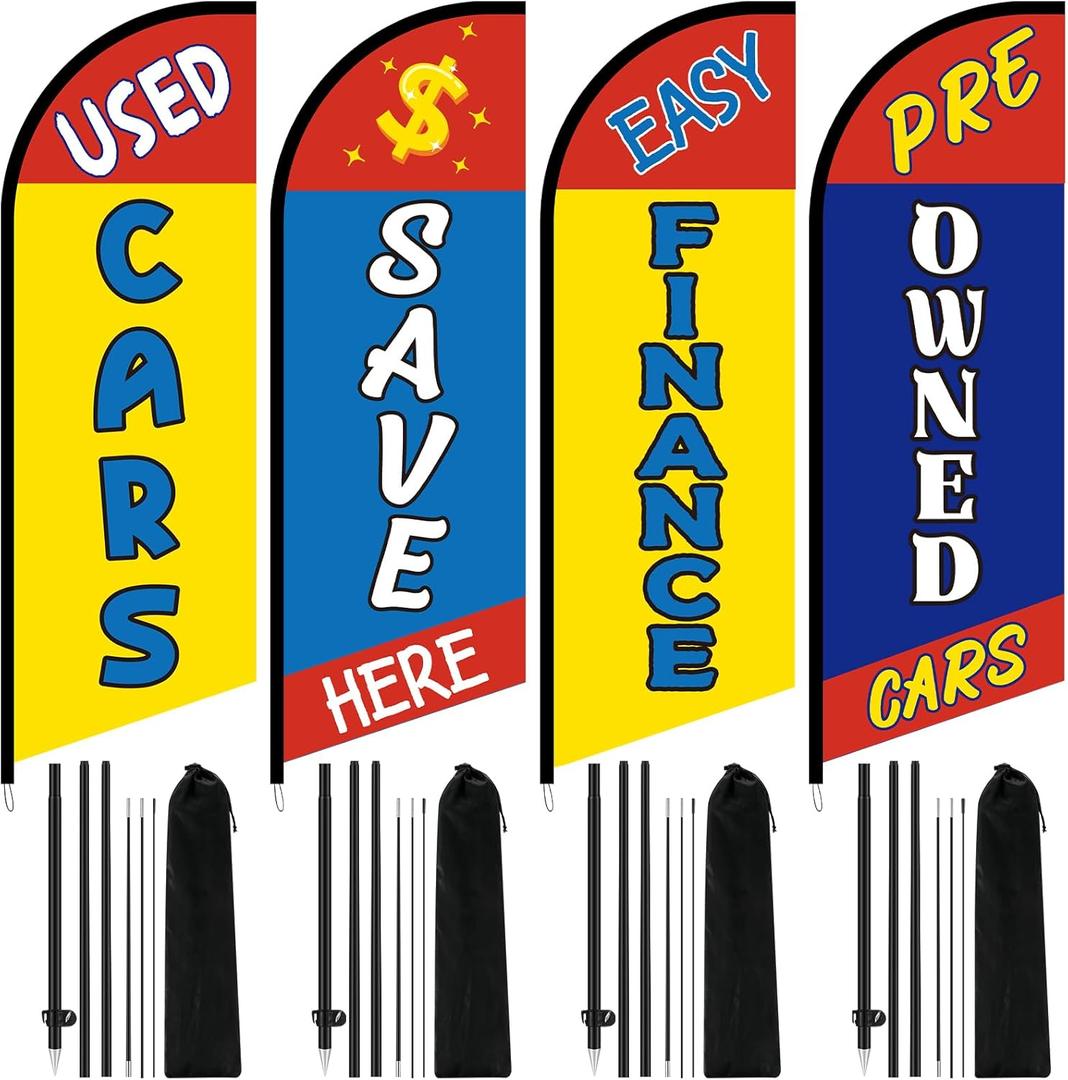 4 Pack 7 ft Used Cars Flags - Used Cars Dealer Flags with Pole Kit Outside Windless Advertising Feather Banners for Business Finance Save Pre-owned Dealership Supplies