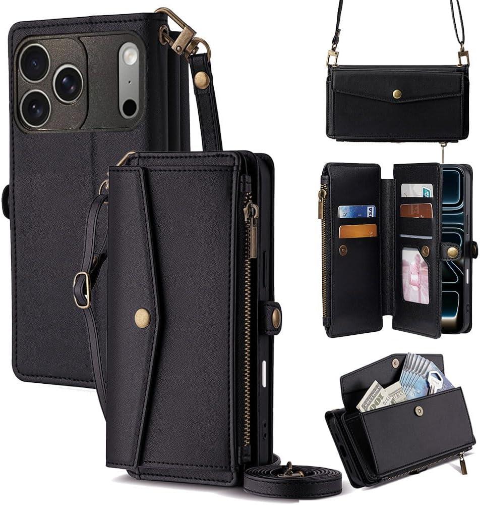 Leedia Crossbody Wallet Case for iPhone 17 Pro for Women, PU Leather Flip Case with [RFID Blocking] Card Holder, Zipper Handbag Magnetic Snap Wrist Strap for iPhone 17 Pro 6.3" Black