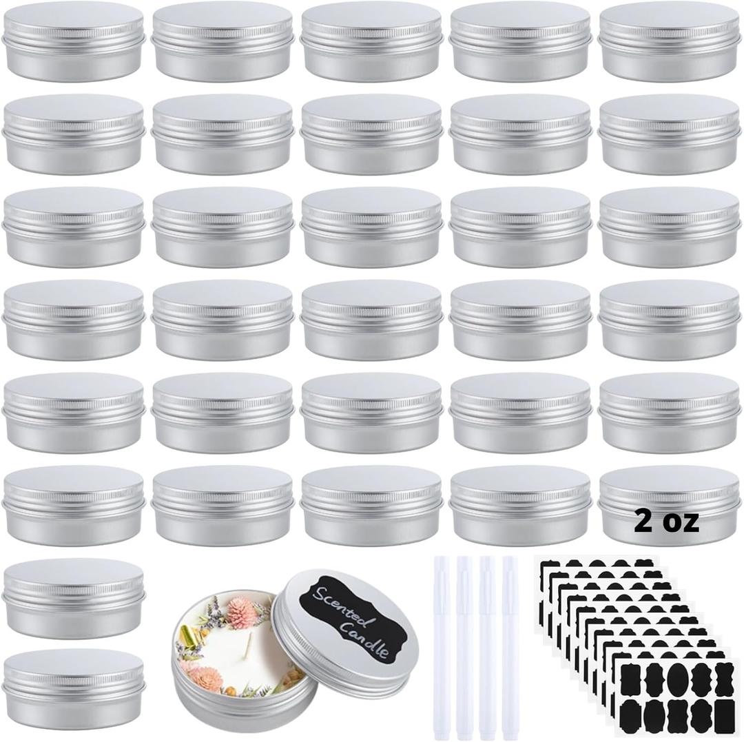 100PCS Metal Round Tins, 2 oz Aluminum Tin Cans Containers with Screw Lid for Lotion Bars, Balms, Salve, Spices or Beard Balm, DIY Candle Making Jar