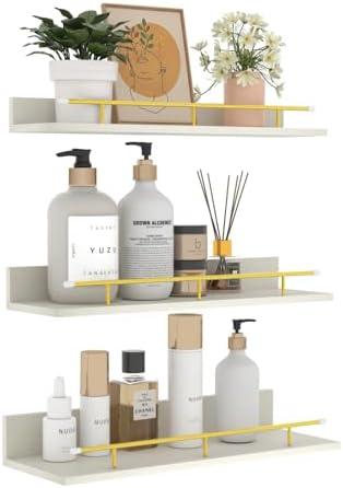 Giftgarden 16 Inch White Floating Shelves with Gold Metal Guardrail, Wood Shelves for Wall Storage Set of 3, Wall Shelf for Bathroom Bedroom Living Room Kitchen Nursery