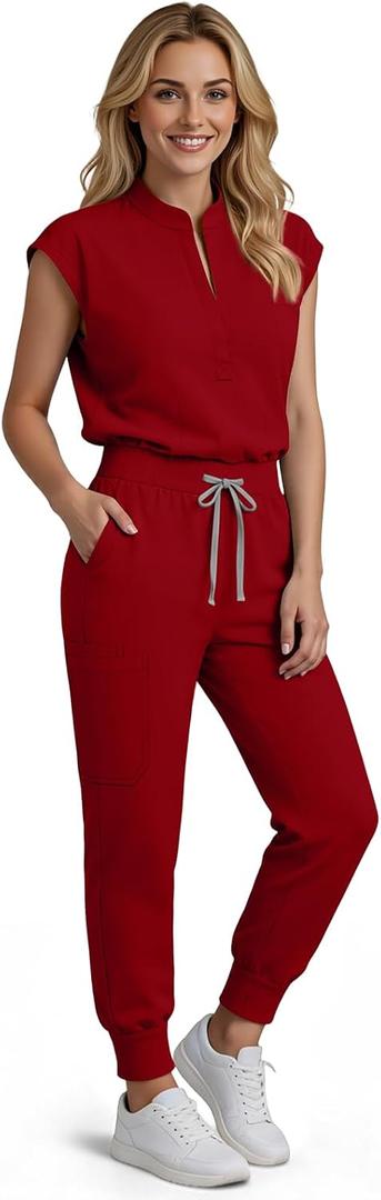 Scrubs for Women Set, Medical Women Scrubs-Stand-Up Collar Scrub Top & Jogger Scrub Pants with 8 Pockets (Red, L)