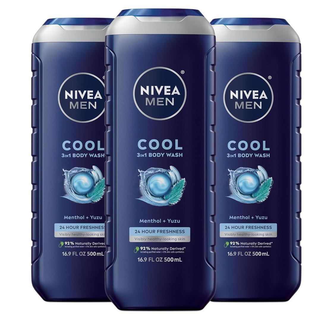 NIVEA MEN Cool Body Wash, Icy Menthol and Yuzu Scent, 3-in-1 Men's Body Wash, Face and Hair, Paraben Free, pH-Skin Friendly, 16.9 Fl Oz Bottle, Pack of 3
