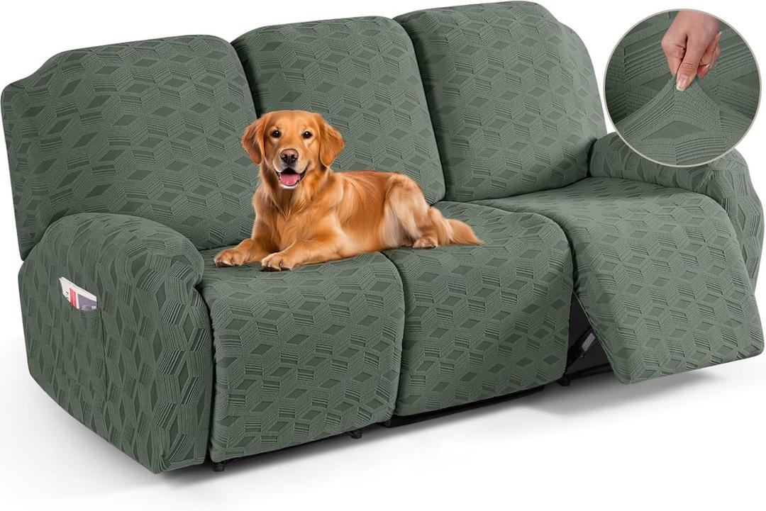 TAOCOCO Recliner Sofa Covers Stretch Reclining Couch Cover, Jacquard Recliner Couch Cover for 3 Seat Furniture Protector Sofa Slipcovers with Elastic Bottom for Kids, Pets (Grey Green)