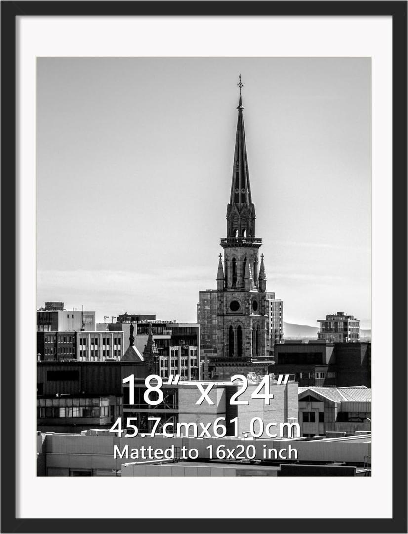 Hoikwo 18x24 Black Picture Frame, Display Pictures 16x20 with Mat or 18x24 Without Mat, 1 Pack 18 by 24 Frame for Wall Hanging