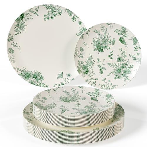 Trendables 40 Piece Plastic Disposable Plates Set For 40 Guests I 40 X 8 Inch Dessert Plates & 40 X 10 Inch Wedding Party Plates | Ivory & Green Verdure Design