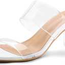 mysoft Clear Heels for Women Transparent Two Strap Block Chunky Square Heel Sandals Open Toe Slip On Sandals (7)