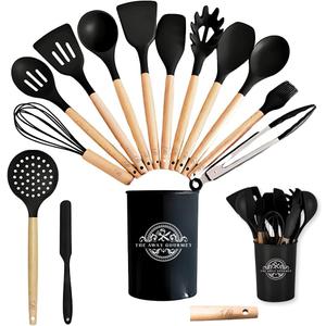 14 Piece Kitchen Utensil Set, with Wooden Handles, Includes Spatula, Whisk, Slotted Spoon - 446F Heat Resistant with Holder for Nonstick Cookware (BPA Free) (Black)