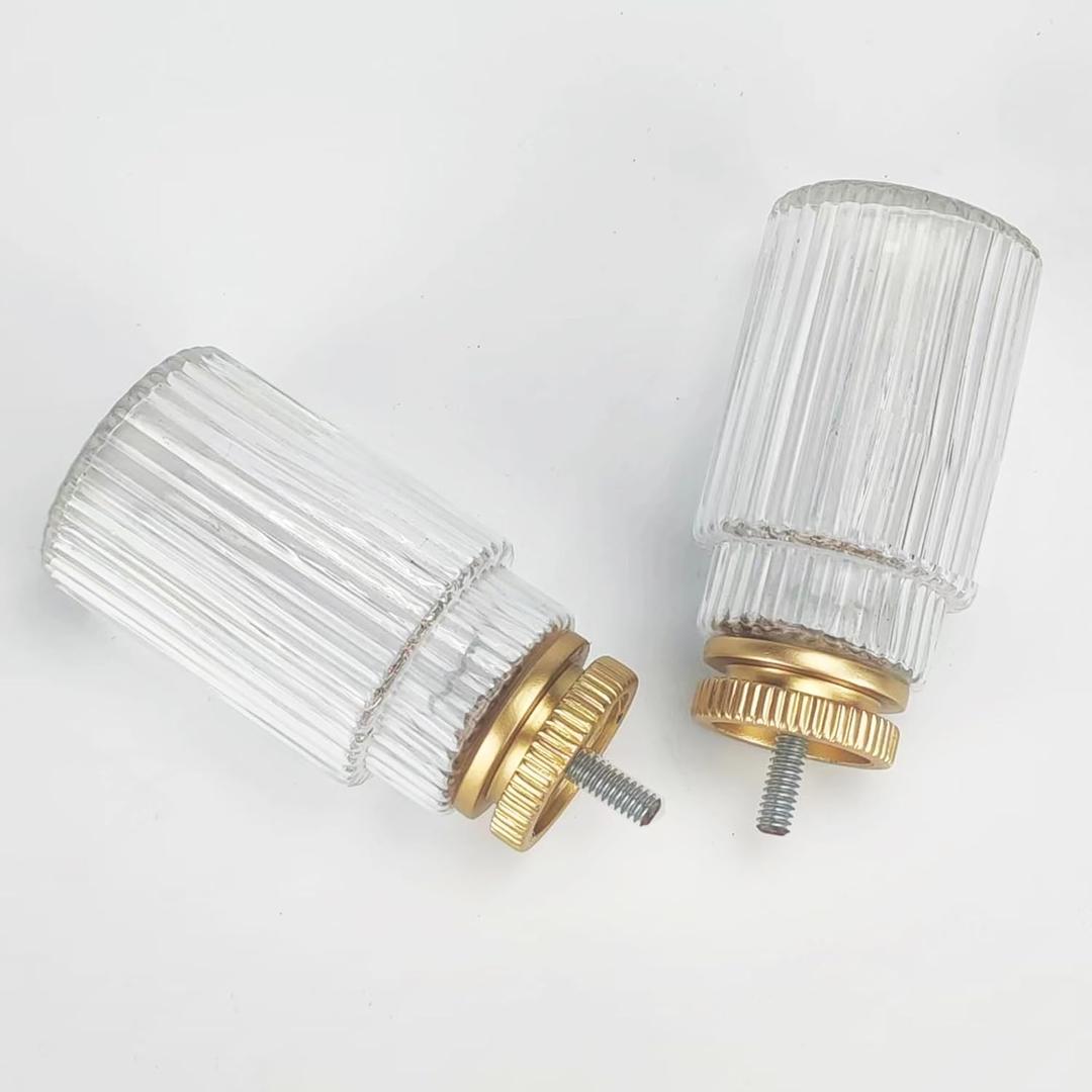 Decorative Curtain Rod Finials, Ribbed Glass Finials with Gold Base, Set of 2, Compatible with 1 inch or 1-1/8 inch Dia Curtain Rod, Standalone Finial Pair