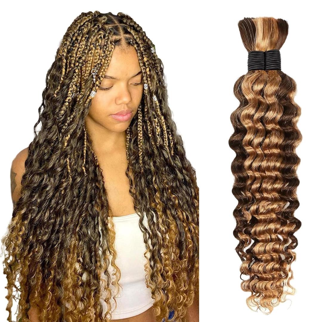 Boho Hair for Braiding 16 Inch P4/27 Human Braiding Hair for Boho Braids Human Curly Hair for Boho Knotless Braids 2 Bundles 100g Deep Wave Bulk Human Hair for Braiding (P4/27, 16 Inch)