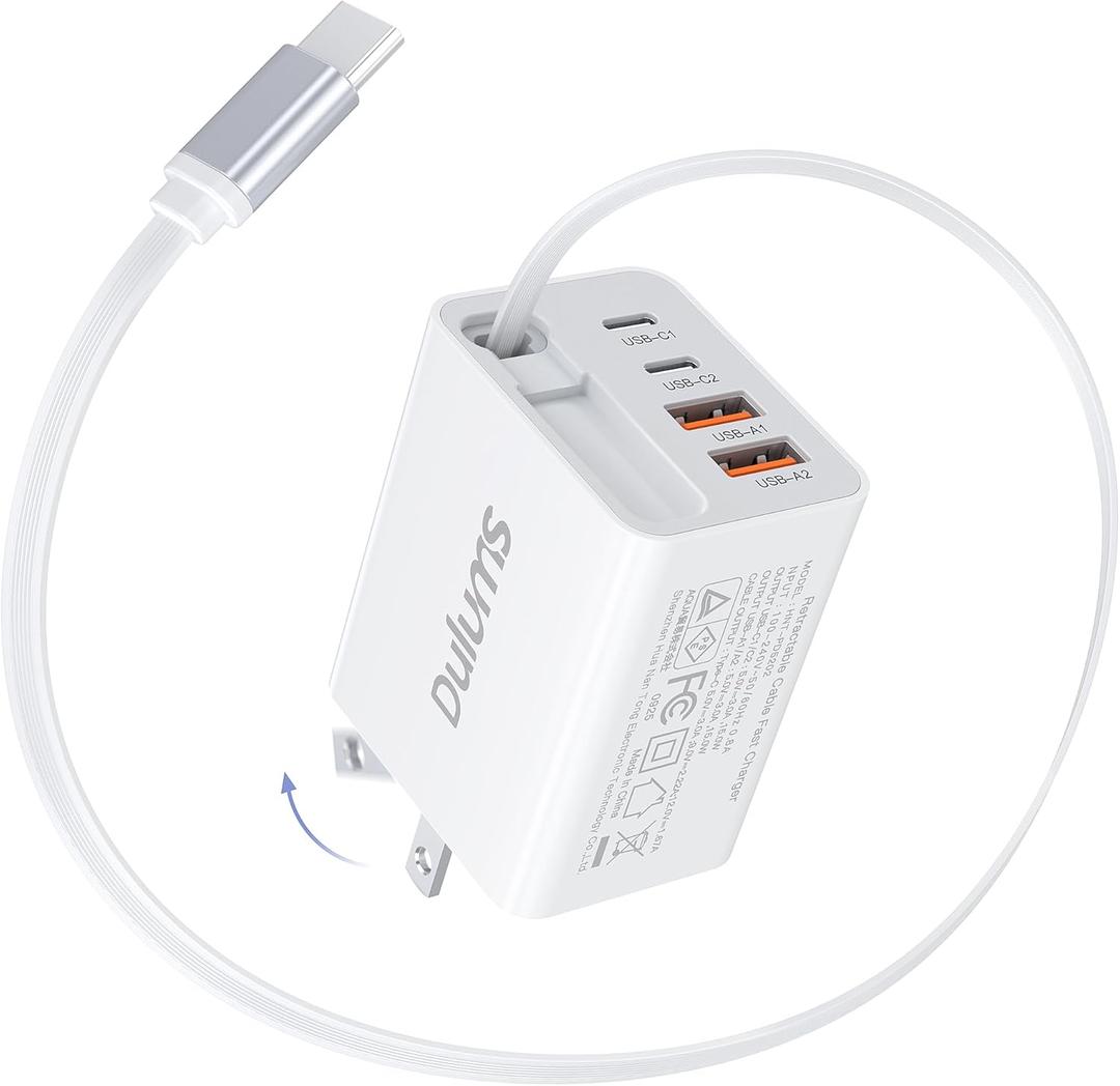 2026 Updated 40W Retractable Charger,4Port Travel Essentials Multiport,5-in-1 PD Wall Charger Block Plug+2.6ft Type C Cables, Fast Phone Charging Foldable Brick for iPhone 17/16/15 Pro Max,Galaxy