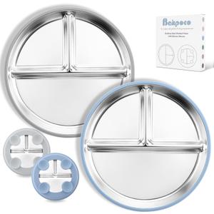 Bakpoco Stainless Steel Toddler Plate with Suction, 9 Divided Plates with Removable Silicone Sleeves for Kids, Non Toxic & BPA Free | Non Slip | Unbreakable Baby Snack Dishes Set of 2, Blue & Gray