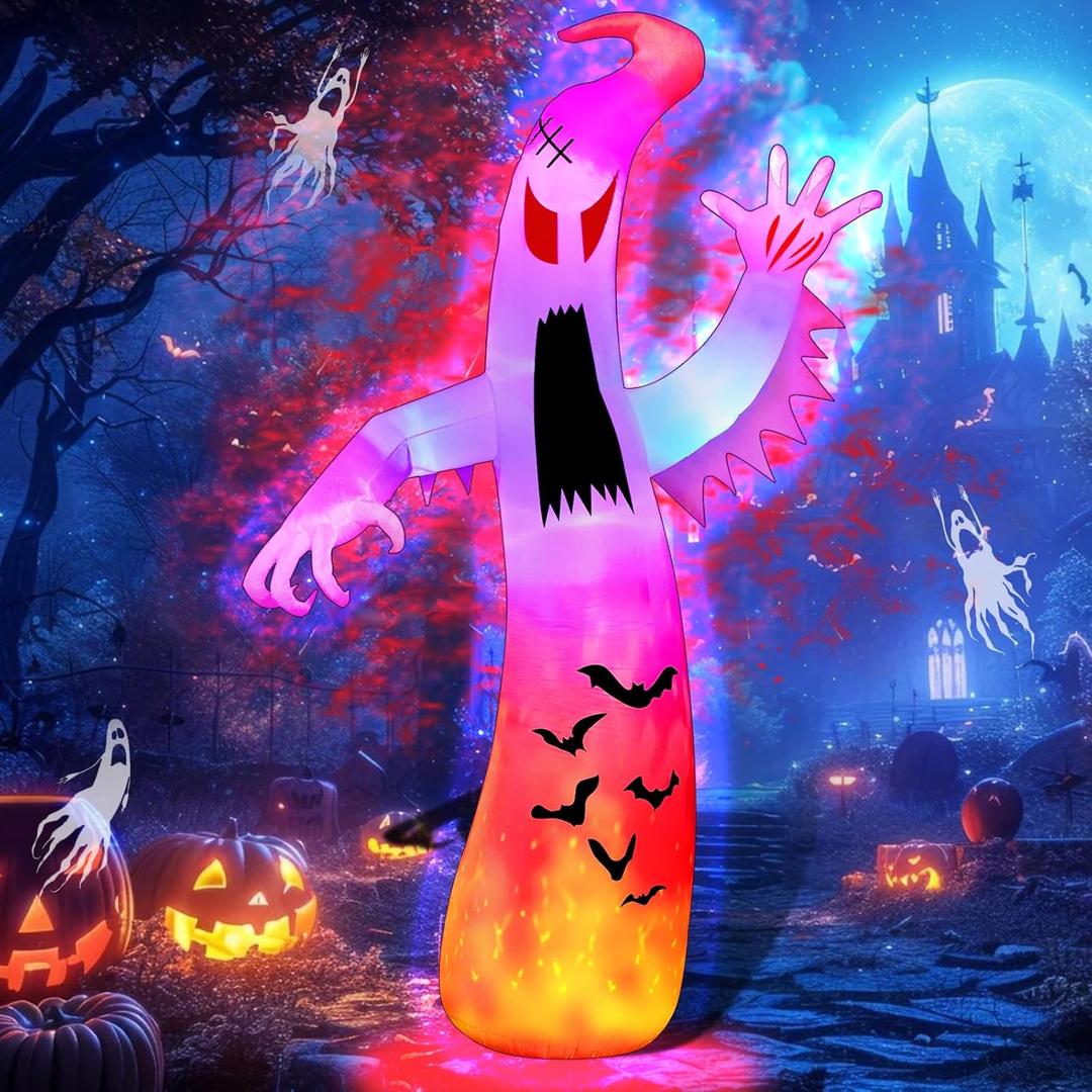 12Ft Halloween Inflatables Giant Ghost Outdoor Decorations Blow Up Garden Decor with Colorful Flashing 2 Flame Light for Home/Holiday/Party/Yard/Lawn