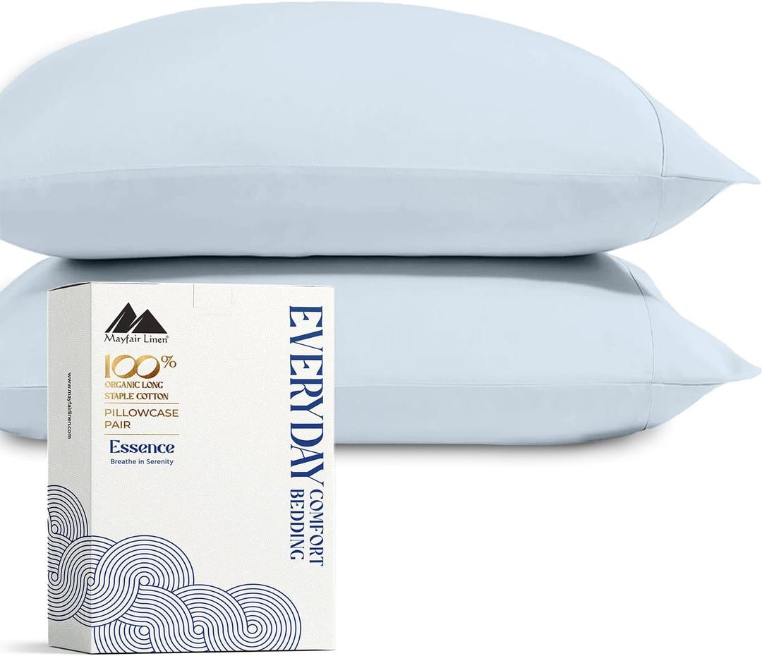 Mayfair Linen 100% Organic Cotton Percale Pillow Cases Standard/Queen Size Set of 2 - Percale Pillowcases Standard/Queen, Soft Cooling Pillow Cases for Sleeping, Cotton Pillowcovers - Light Blue Mayfair Linen 100% Organic Cotton Percale Pillow Cases Standard/Queen Size Set of 2 - Percale Pillowcases Standard/Queen, Soft Cooling Pillow Cases for Sleeping, Cotton Pillowcovers - Light Blue