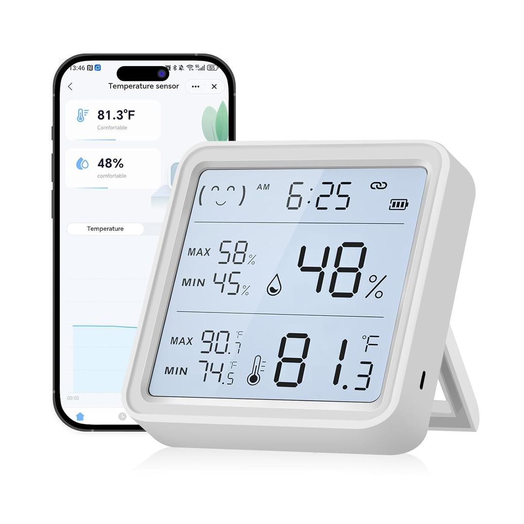 eMylo WiFi Thermometer Hygrometer, Wireless Indoor Humidity Monitor for Room, Smart Temperature Sensor with App Control, Large LCD Display with Light, Notification Alerts, Free Data Storage Export