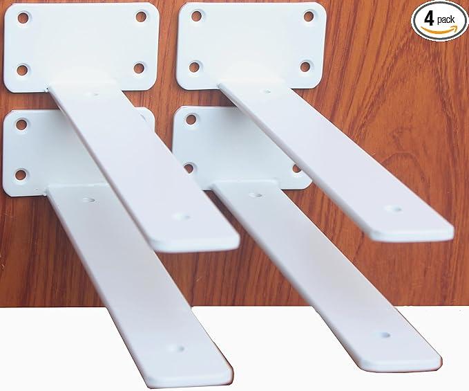 4 Pack - 10 inch White Hidden L Shelf Bracket (1/5 Inch Thicked) Iron Floating Shelf Brackets Rustic Industrial Metal Brackets for Shelf Support