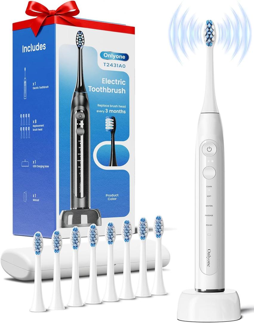 Onlyone Ultrasonic Electric Toothbrush for Adults, Rechargeable Electric Toothbrush Toothbrush with 8 Brush Heads, Travel Case, Charging Base & Wireless Charging - 5 Modes with Smart Timer