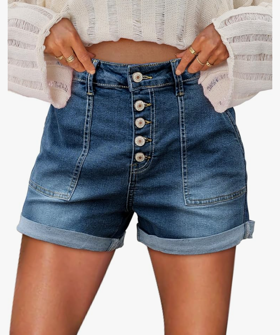 KISSMODA Denim Shorts Women Trendy Button Summer Cut Off Short Womens Jean Shorts High Waisted Denim Hot Ripped Shorts, Size Large