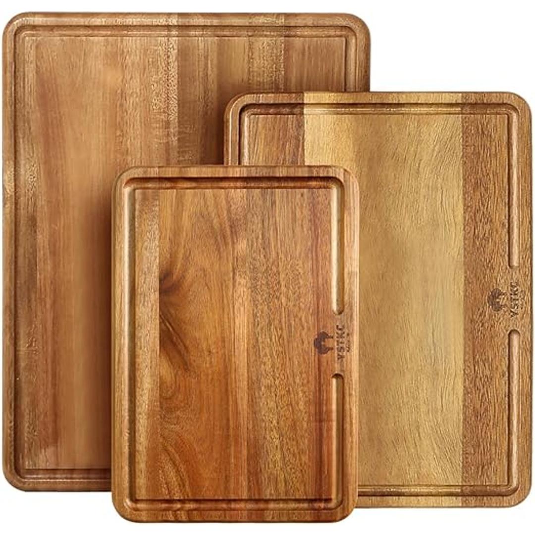 YSTKC Acacia Wood Chopping Boards for Kitchen, Large Wooden Chopping Boards with Deep Groove for Juice, Butcher Block, Wooden Platters for Meat, Fruit, Cheese, Set of 3