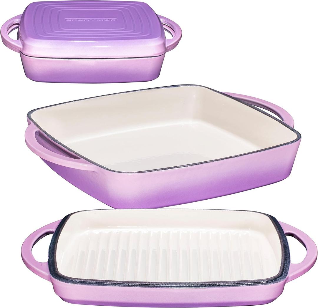 Bruntmor 2-in-1 Square Enamel Cast Iron Dutch Oven Baking Pan With Handles, Purple Baking Pans Set With Cast Iron Skillet, Braising Pan For Casserole Dish with lid, Oven Safe