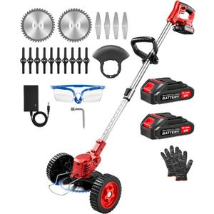 Saker 24V Cordless Weed Wacker, Electric Grass Trimmer Weed Eater with 2 Batteries, 3-in-1 Lightweight Brush Cutter/Lawn Mower/Edger with Wheels & 3 Types of Blades for Lawn, Garden & Yard Care(Red)