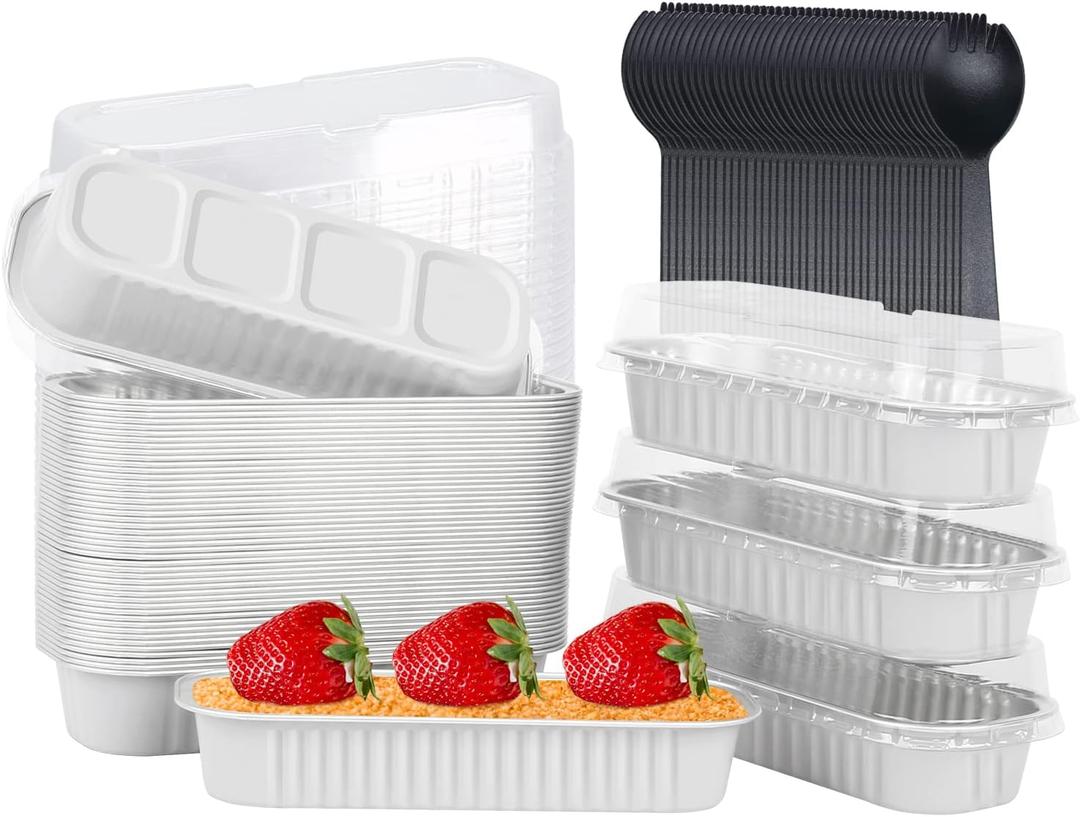 Mini Loaf Baking Pans with Lids 50 Pack,LNYZQUS 6.8oz Rectangle Aluminum Foil Mini Cake Baking Pans Tins Containers,Disposable Ramekins Baking Cups Muffin Tins-White