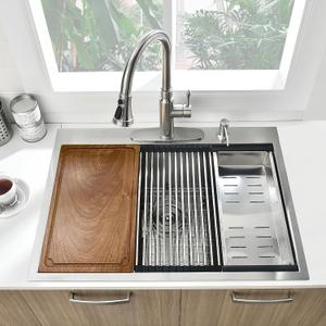 33x19 Drop In Kitchen Sink Workstation 16 Gauge Stainless Steel Single Bowl Kitchen Sink 33 Inch Topmount Over Counter Handmade 10 inch Deep Basin, 33"x19"x10"