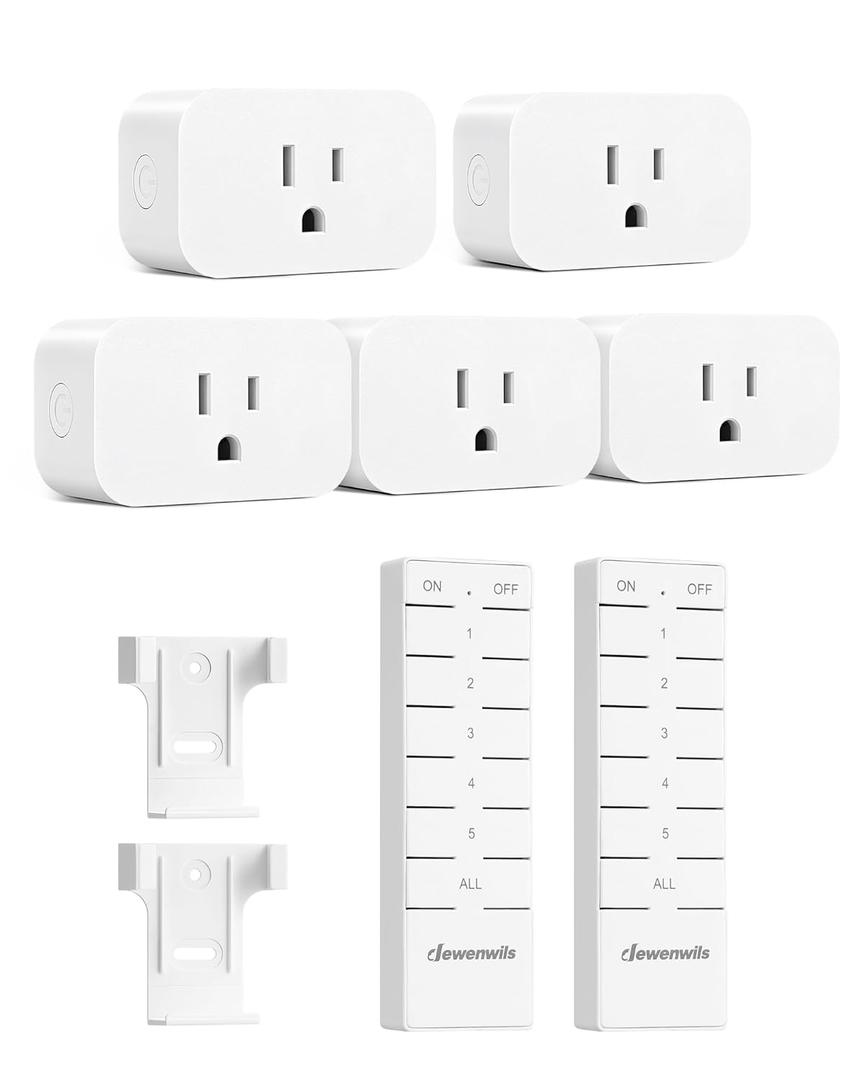 DEWENWILS Remote Control Outlet with All On/Off Button, Indoor Remote Outlet Switch for Lights, Lamps, Fan, 2 Mountable Brackets, 15A/1875W, 100FT, 2 Remote and 5 Outlets