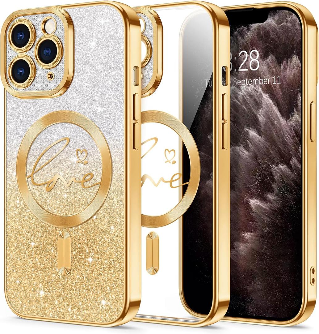 Hython for iPhone 11 Pro Max Case Glitter, Compatible with MagSafe Love Heart Magnetic Clear Phone Cases for Women Girls, Full Camera Protection Sparkle Plating Shockproof Protective Cover, Gold