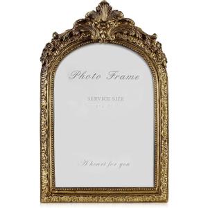 Cuspin Vintage Picture Frames 5x7 Gold Frame, Gold Ornate Resin Photo Frame with Glass Front for Tabletop and Wall Mounting, Antique Arched Picture Frame for Home Decor