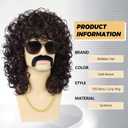 70s 80s Mens Black Wig+Glasses+Golden Chain+Mustache+Wig Cap Long Curly Synthetic Funny Wigs for Retro Outfit Men Party Hippies Rocker Costume Cosplay Halloween5pcs Set
