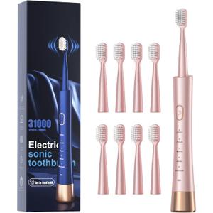Sonic Electric Toothbrush for Adults, USB Rechargeable Sonic Toothbrush with 8 Brush Heads, Smart Timer, 5 Modes, 2-Hour Fast Charge Last 30 Days, Pink