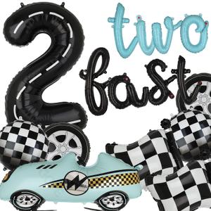 Two Fast Birthday Decorations 40 Inch Racetrack Number Balloons 2 Black Two Fast Letter Banner Balloon 2nd Racing Vintage Race Car Racing Theme Birthday Party Decor Set Black Blue (Big)