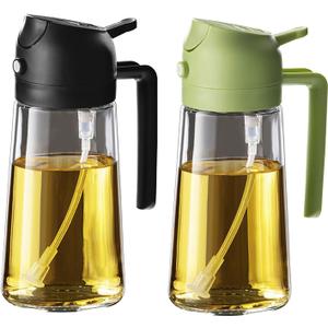 TrendPlain 16oz/470ml Glass Olive Oil Sprayer for Cooking - 2 in 1 Olive Oil Dispenser for Kitchen Gadgets, Air Fryer, Salad, and BBQ - Black & Green