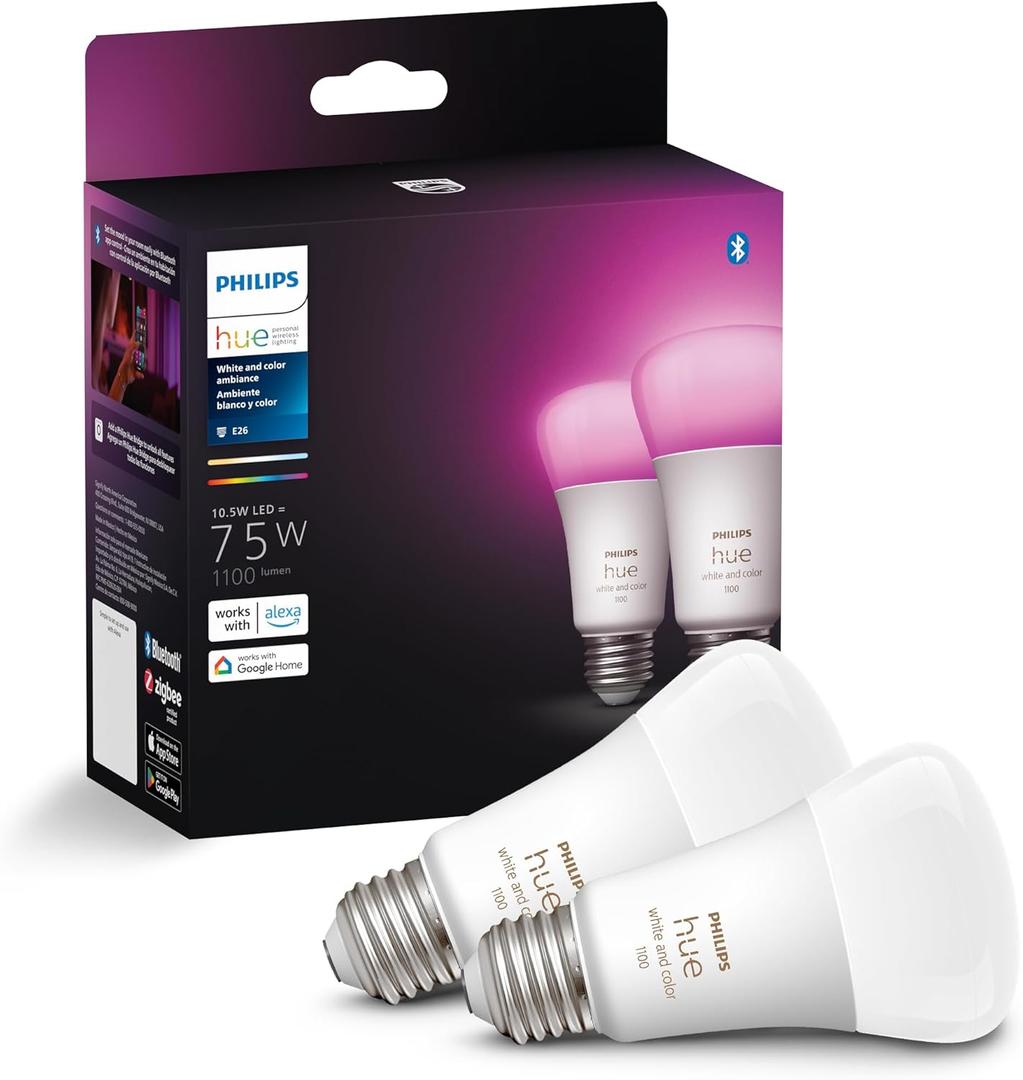 Philips Hue A19 LED Smart Light Bulbs - Flicker-Free 75w Light Bulbs - Control with Hue App - Compatible with Alexa, Google Assistant, and Apple HomeKit - E26 Base - 2 Pack (White and Color Ambiance)