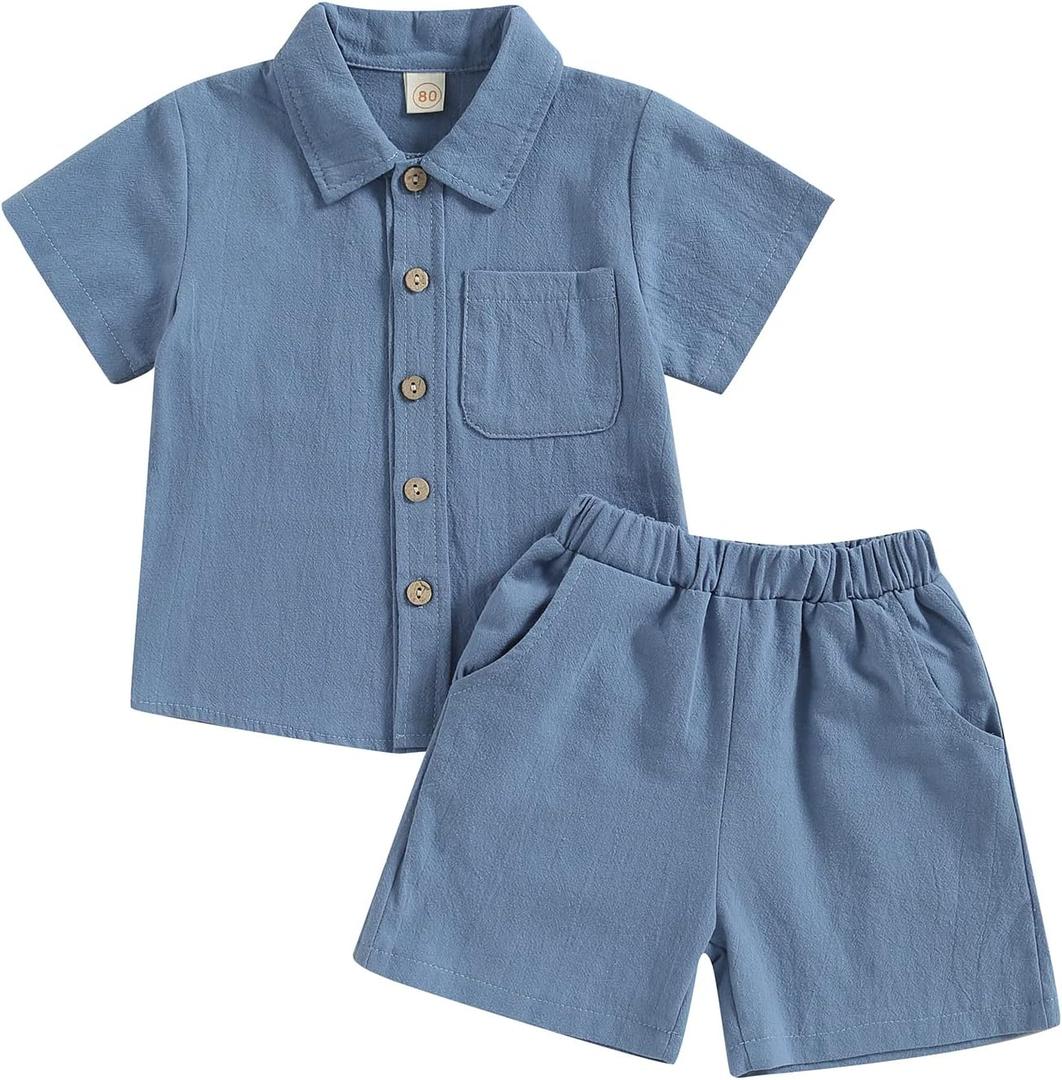 Toddler Baby Boy Linen Outfits Solid Color Short Sleeve Lapel Button Down Shirt and Shorts Summer Clothes Set (12-18 Months, Dark Blue)