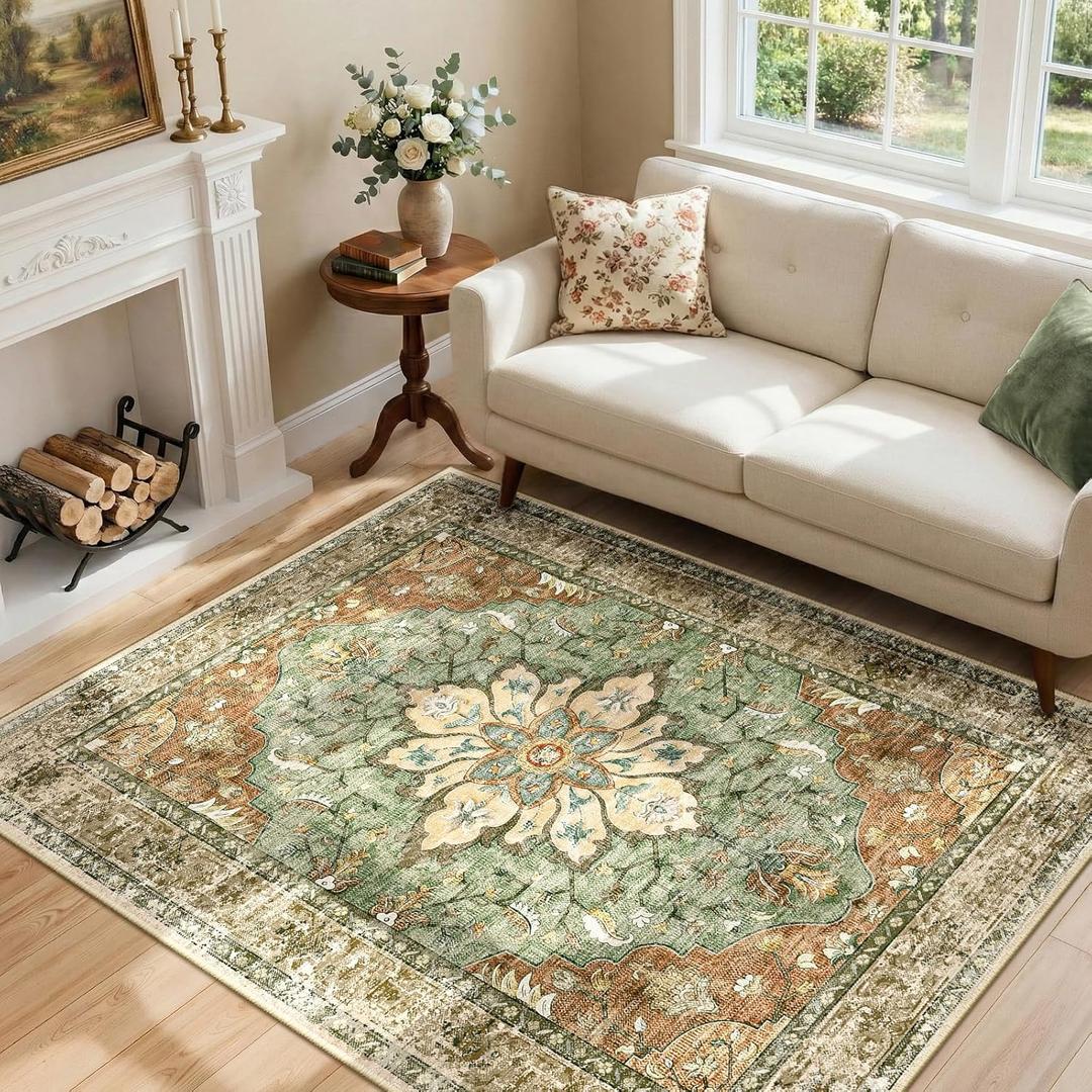 Area Rugs 4'x6' Washable Non-Slip, Floral Vintage Distress Print Pattern Medallion Carpet for Living Room Bedroom Dining Room, Brick Red Rust Neutral Brown Burnt Orange Green