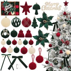 Christmas Ornaments Set, 38Pcs Cream Green Red Velvet Ornaments for Christmas Tree Decorations Shatterproof Plastic Hanging Flocked Balls Assorted for Home Xmas Holiday Party Indoor Decor Gifts (Burgundy/Dark Green/Cream White)