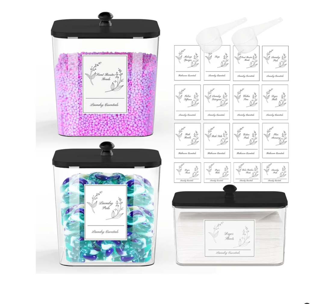 3 Pack Plastic Laundry Pods Container & Dryer Sheet Holder, Laundry Room Organization and Storage Jars with Lids, Scoops & Labels for Detergent, Powder, Scent Booster(Black Lid)