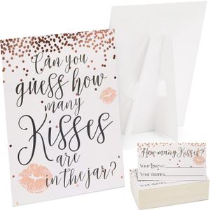 Sparkle and Bash Guess How Many Kisses Bridal Shower Game for 60 Guests for Wedding (1 Rule Board, 60 Guessing Cards)