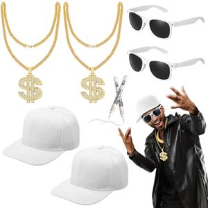 8 Pcs Hip Hop Costumes Kit 80s 90s Rapper Accessories Including Sunglasses Necklace Hat Pens for Men Women Rapper Themed Party