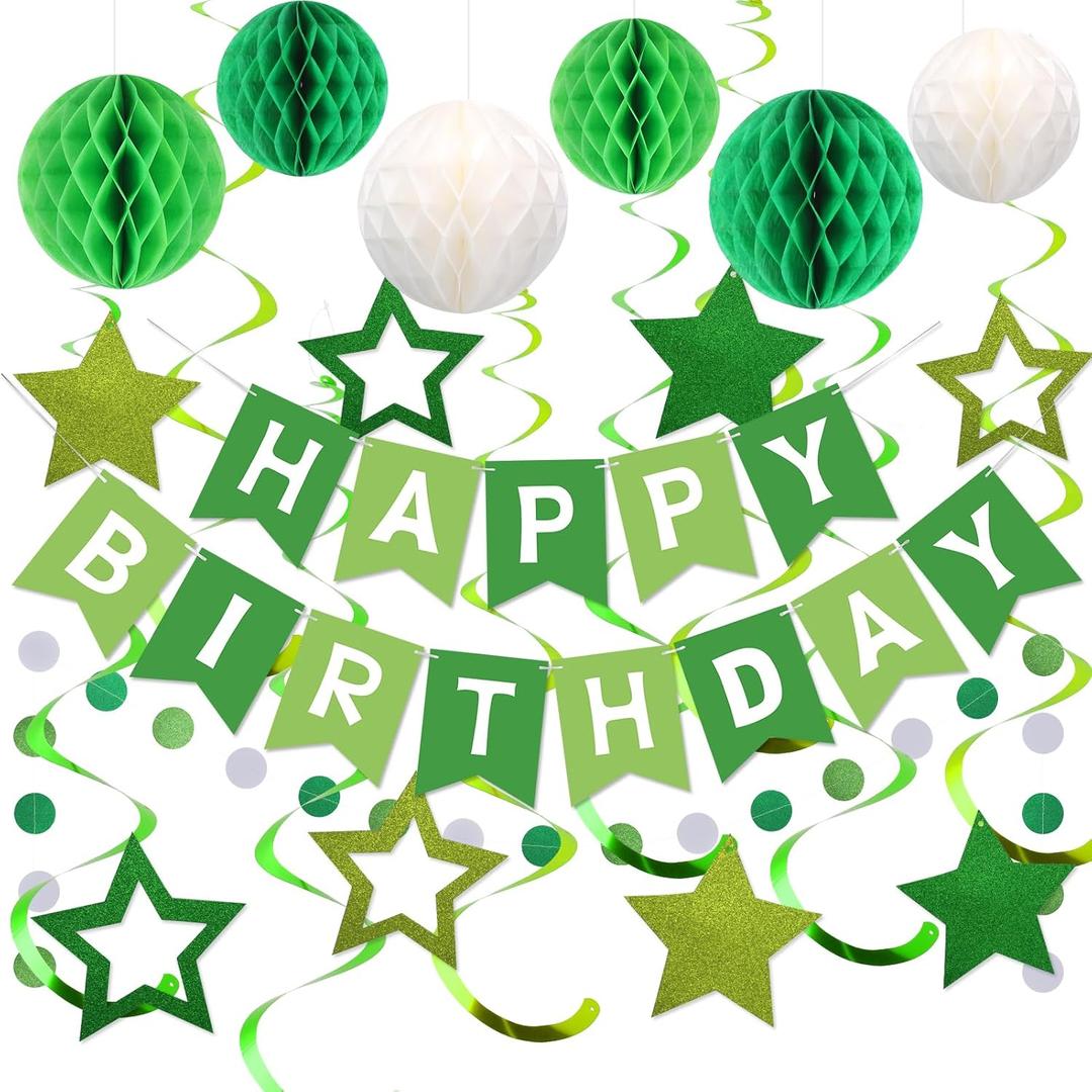 meowtastic Birthday Decorations, Happy Birthday Banner with Honeycomb Balls, Stars Hanging Swirls Streamers, Circle Dots Garland, Happy Birthday Party Decorations for Women Men Boys Girls (Green)