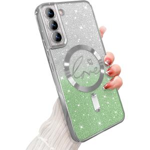 ZONRW for Samsung Galaxy S21 Case Magnetic,for Women Girl Soft Cute Luxury Love Heart Plating Bling Gradient Glitter Clear Phone Case Compatible with MagSafe Shockproof Back Cover 6.2-Green