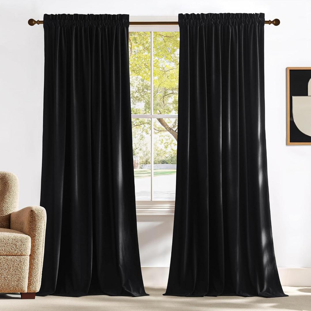 NICETOWN Black Velvet Blackout Curtains 96 inch Long for Living Room and Bedroom, Thermal Luxury Solid Heavy Rod Pocket Drapes/Window Treatments for Hall, Theater (2 Pieces, 52 W)