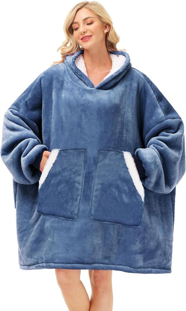Kipswiza Oversized Wearable Blanket Hoodie, Cozy Sherpa Hooded Blankets Sweatshirt for Women Men Mom Daughter with Big Pockets as Gifts - Denim Blue (Adult/Regular)