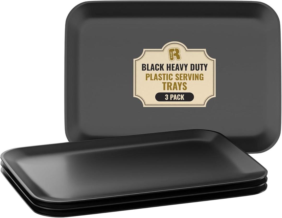 3 Pack Black Plastic Serving Trays for Party - Black Serving Tray 8 x 11 Inch - Heavy Duty Dessert Trays for Food - Rectangular Party Serving Trays for Entertaining