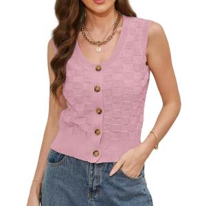 Womens Sleeveless Sweater Vest Button V Neck Knit Trendy Casual Summer Cardigan with Pockets (XL, Light Mauve